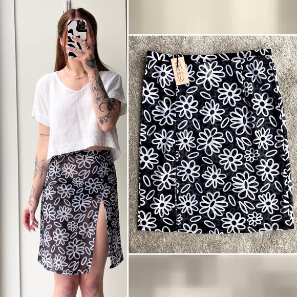 ASOS Womens Skirt 4 Black White Floral Mesh Swim Coverup Sheer Festival Beach - Picture 1 of 9